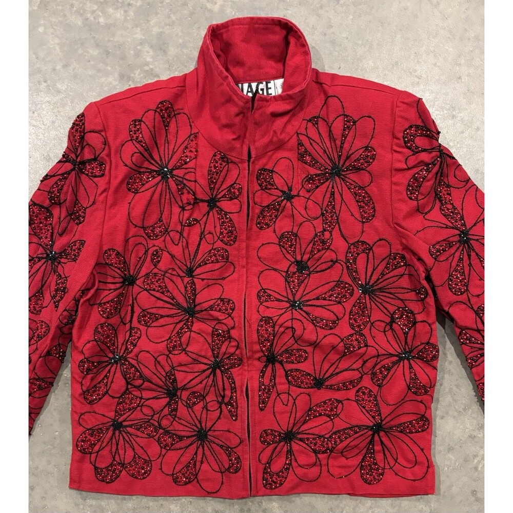 Vintage Anage Women's Small Red Black Beaded Embroidered Full Zip Jacket Cotton